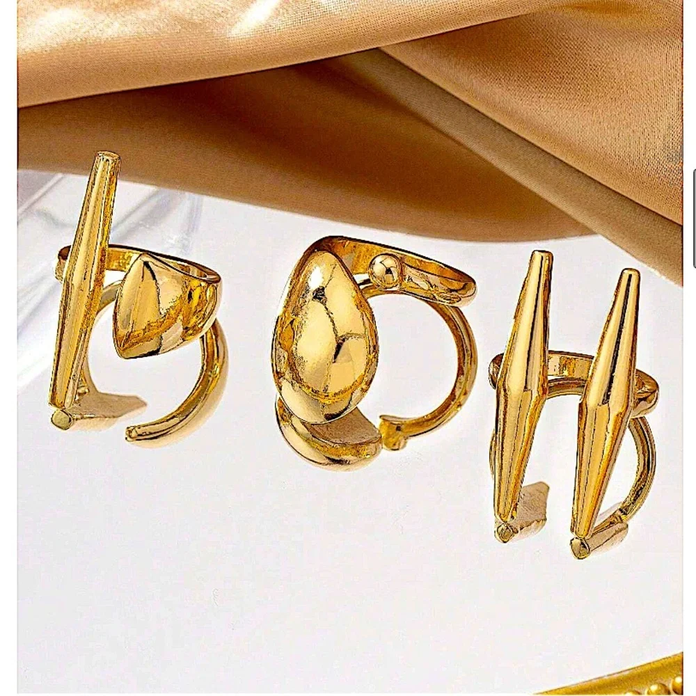Three Piece Gold Irregular Punk  Open Rings Adjustable Resizable